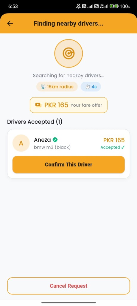 Cabtab Real App Screen - Driver Accepted
